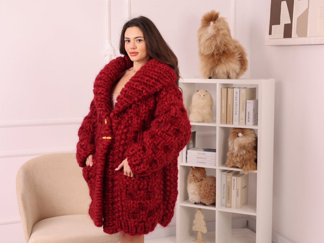 Chunky Wool Mohair Cardigan, Honeycomb Knit, Hand Knitted Red Oversized Coat T2239