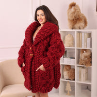 Chunky Wool Mohair Cardigan, Honeycomb Knit, Hand Knitted Red Oversized Coat T2239