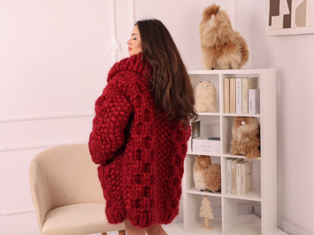 Chunky Wool Mohair Cardigan, Honeycomb Knit, Hand Knitted Red Oversized Coat T2239