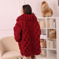 Chunky Wool Mohair Cardigan, Honeycomb Knit, Hand Knitted Red Oversized Coat T2239