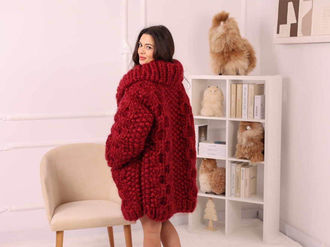 Chunky Wool Mohair Cardigan, Honeycomb Knit, Hand Knitted Red Oversized Coat T2239