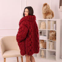 Chunky Wool Mohair Cardigan, Honeycomb Knit, Hand Knitted Red Oversized Coat T2239