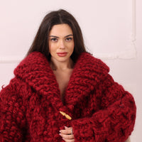 Chunky Wool Mohair Cardigan, Honeycomb Knit, Hand Knitted Red Oversized Coat T2239