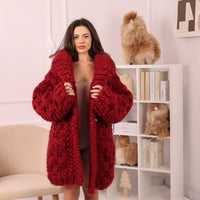 Chunky Wool Mohair Cardigan, Honeycomb Knit, Hand Knitted Red Oversized Coat T2239