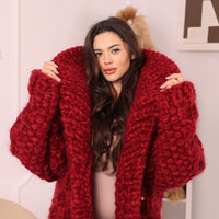 Chunky Wool Mohair Cardigan, Honeycomb Knit, Hand Knitted Red Oversized Coat T2239