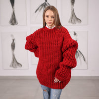 Red Wool Turtleneck Sweater, Hand Knitted English Rib Jumper, Chunky Winter Knitwear T2065