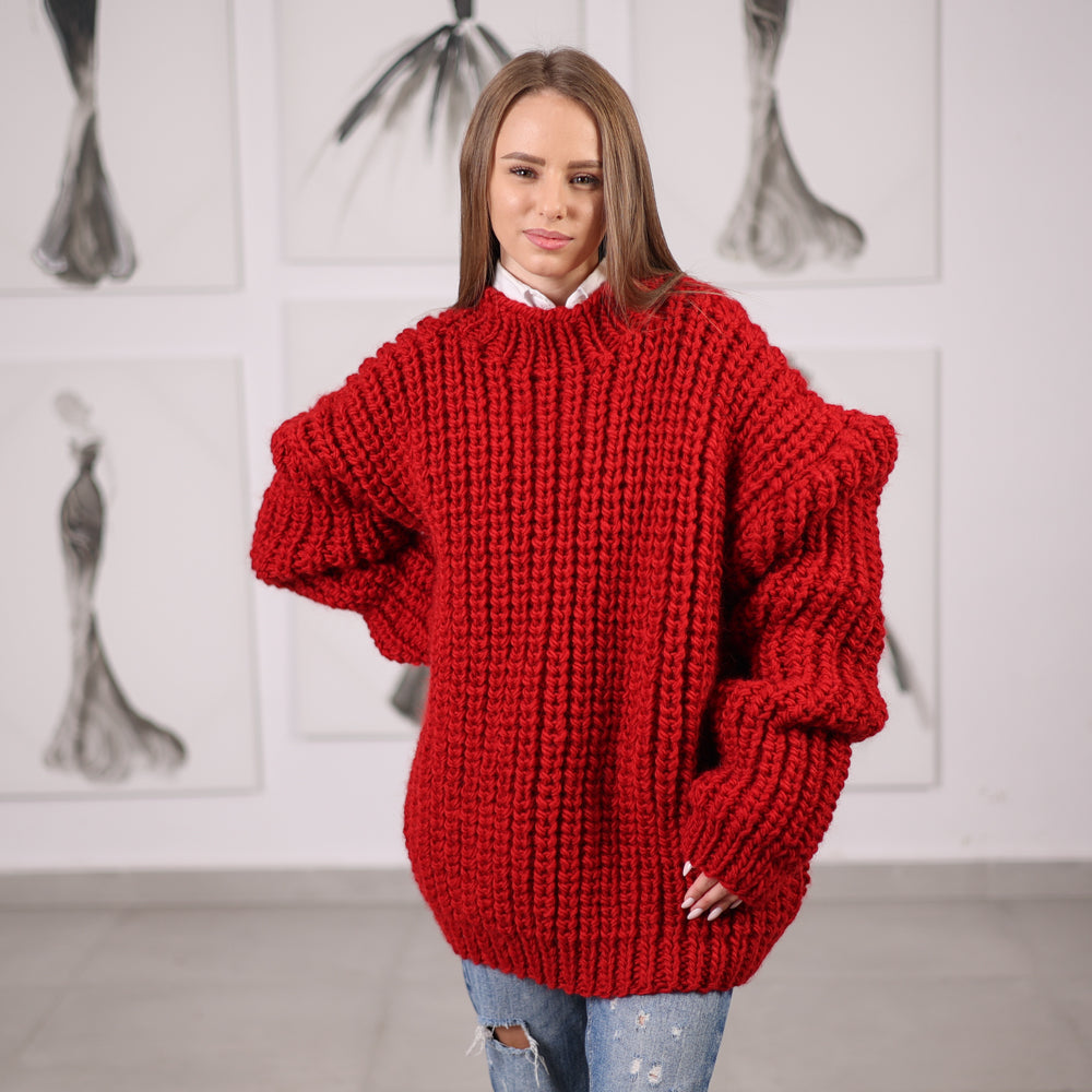Red Wool Turtleneck Sweater, Hand Knitted English Rib Jumper, Chunky Winter Knitwear T2065