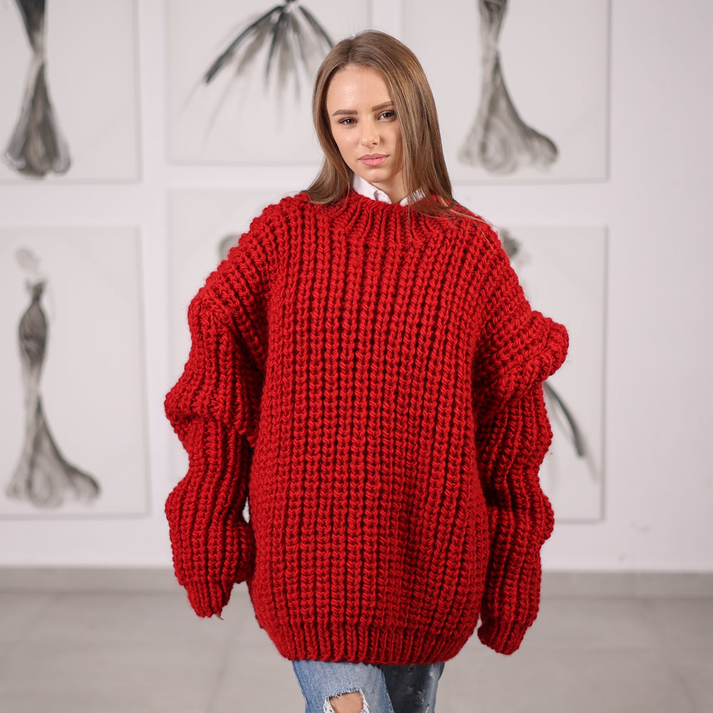 Red Wool Turtleneck Sweater, Hand Knitted English Rib Jumper, Chunky Winter Knitwear T2065
