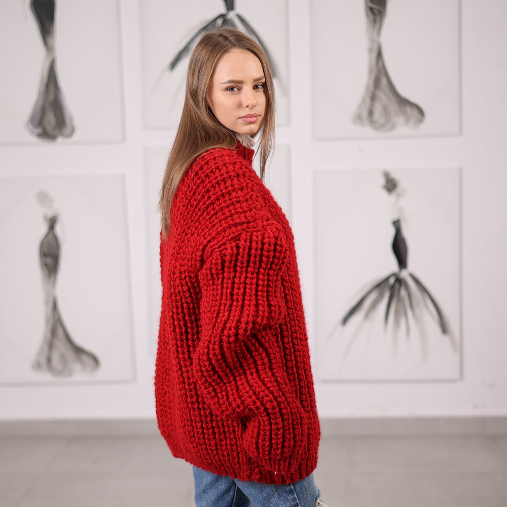 Red Wool Turtleneck Sweater, Hand Knitted English Rib Jumper, Chunky Winter Knitwear T2065