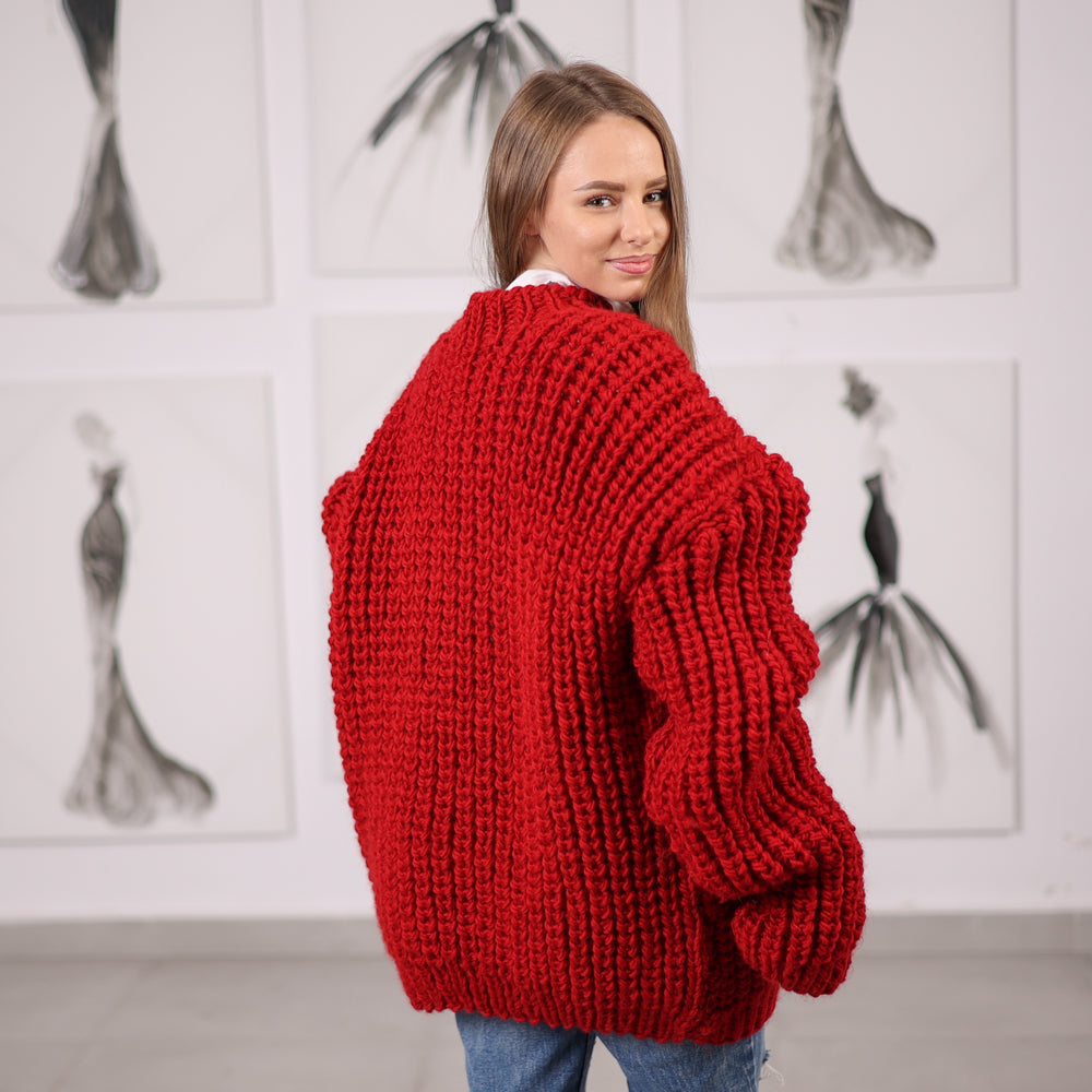 Red Wool Turtleneck Sweater, Hand Knitted English Rib Jumper, Chunky Winter Knitwear T2065