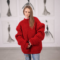Red Wool Turtleneck Sweater, Hand Knitted English Rib Jumper, Chunky Winter Knitwear T2065