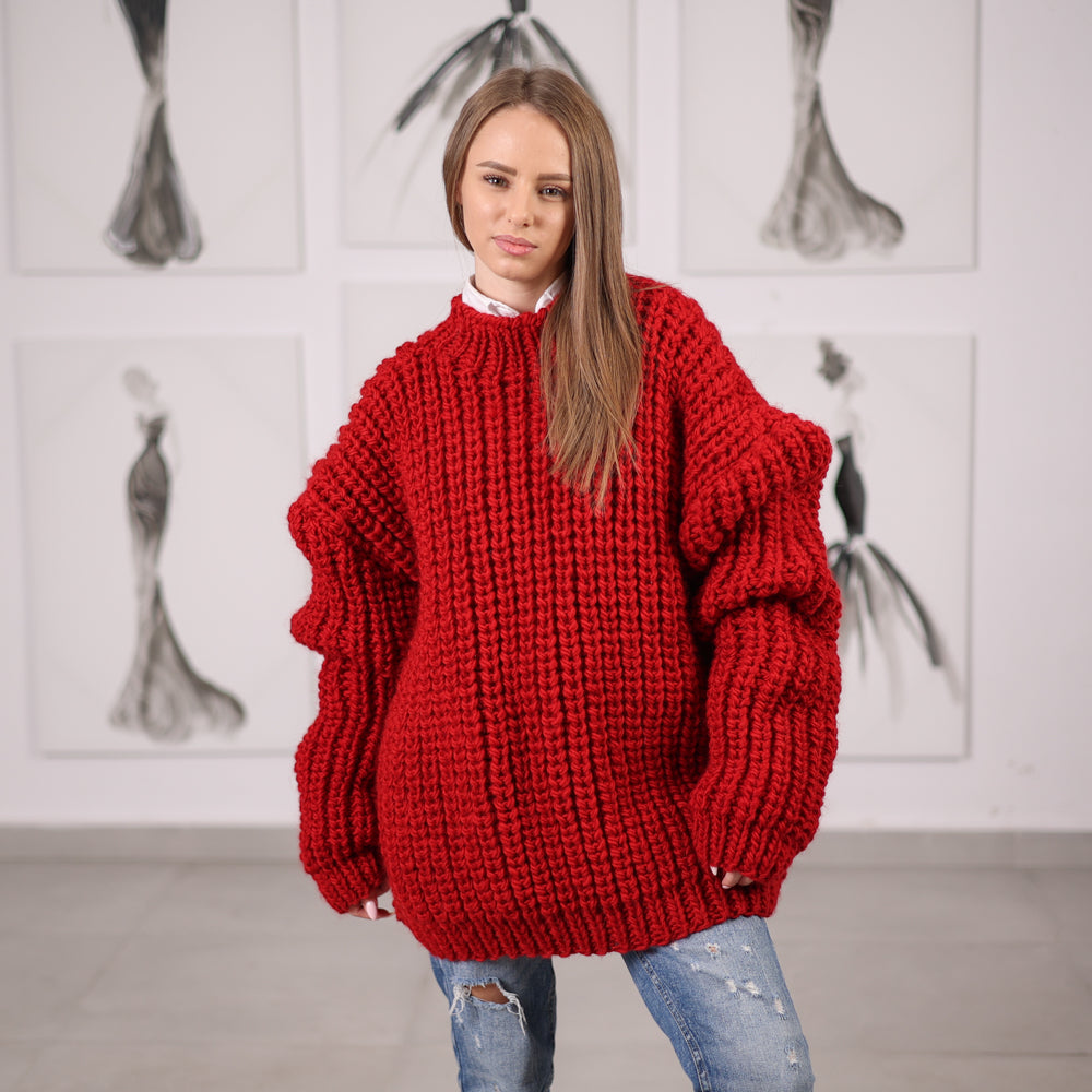 Red Wool Turtleneck Sweater, Hand Knitted English Rib Jumper, Chunky Winter Knitwear T2065