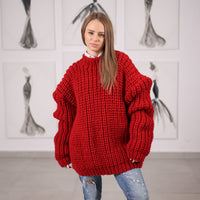 Red Wool Turtleneck Sweater, Hand Knitted English Rib Jumper, Chunky Winter Knitwear T2065