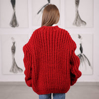 Red Wool Turtleneck Sweater, Hand Knitted English Rib Jumper, Chunky Winter Knitwear T2065