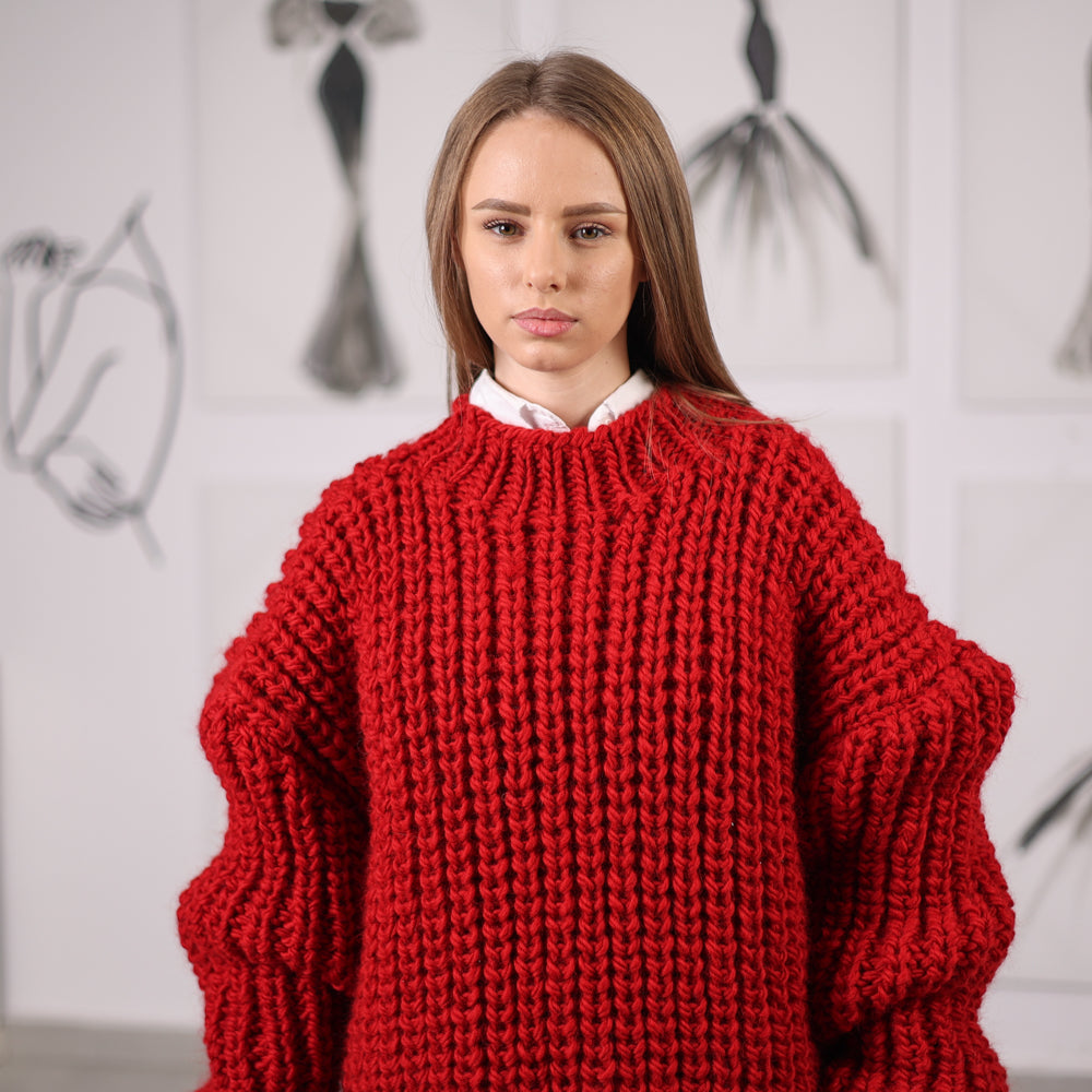 Red Wool Turtleneck Sweater, Hand Knitted English Rib Jumper, Chunky Winter Knitwear T2065