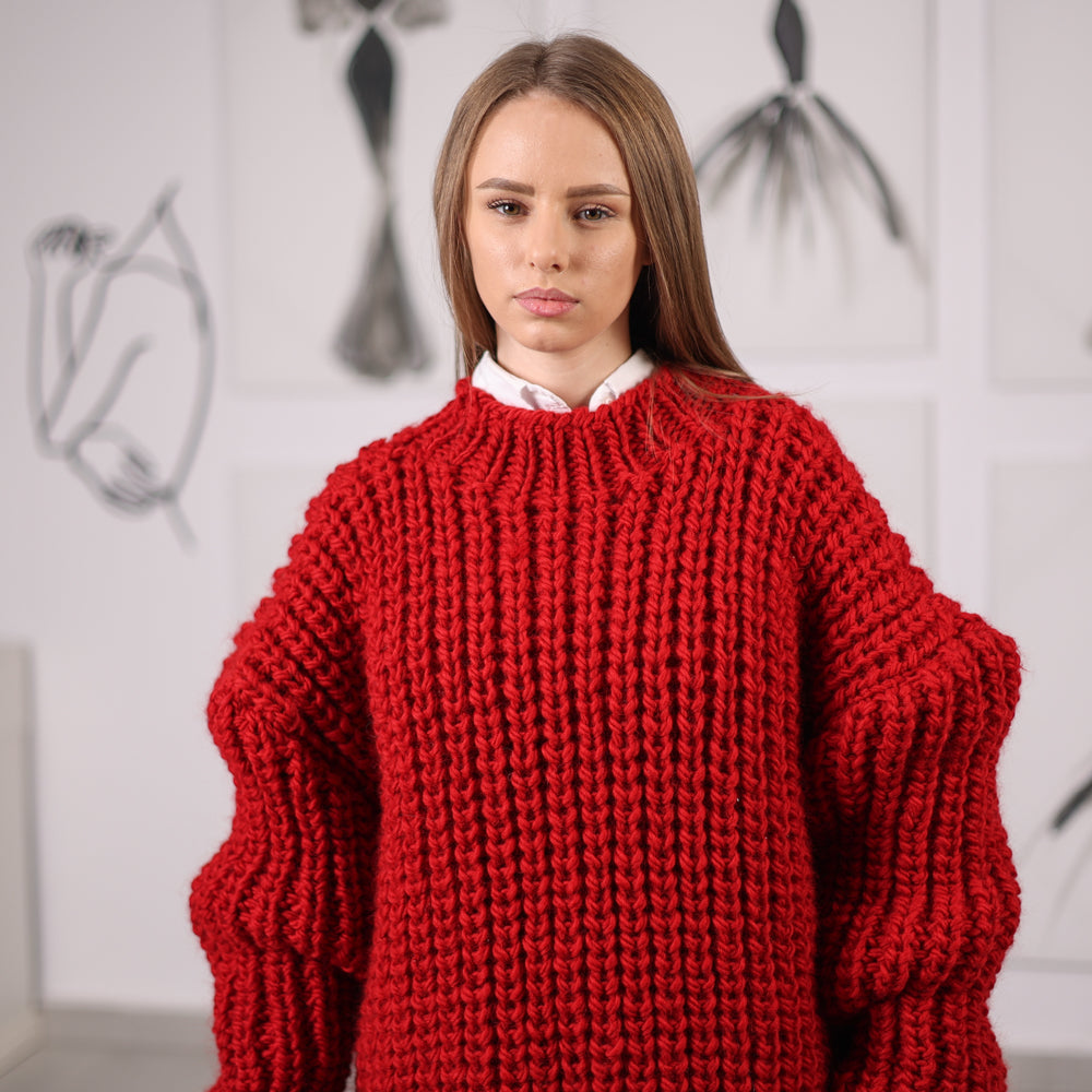 Red Wool Turtleneck Sweater, Hand Knitted English Rib Jumper, Chunky Winter Knitwear T2065