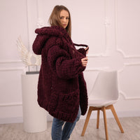 Chunky Hooded Cardigan, 25 strands  Burgundy Alpaca Wool Knit, Oversized  Coat with Pockets T2098
