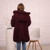 Chunky Hooded Cardigan, 25 strands  Burgundy Alpaca Wool Knit, Oversized  Coat with Pockets T2098