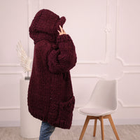 Chunky Hooded Cardigan, 25 strands  Burgundy Alpaca Wool Knit, Oversized  Coat with Pockets T2098