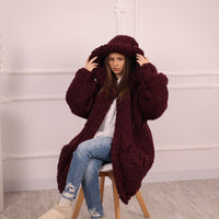 Chunky Hooded Cardigan, 25 strands  Burgundy Alpaca Wool Knit, Oversized  Coat with Pockets T2098