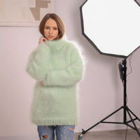 Green French Kid Mohair Turtleneck Sweater, Brushed Hairy Knit, Extra Soft Fluffy Pullover T2102