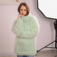 Green French Kid Mohair Turtleneck Sweater, Brushed Hairy Knit, Extra Soft Fluffy Pullover T2102