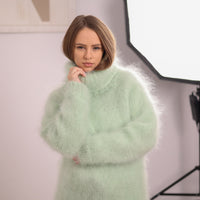 Green French Kid Mohair Turtleneck Sweater, Brushed Hairy Knit, Extra Soft Fluffy Pullover T2102