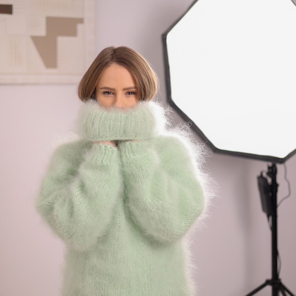 Green French Kid Mohair Turtleneck Sweater, Brushed Hairy Knit, Extra Soft Fluffy Pullover T2102