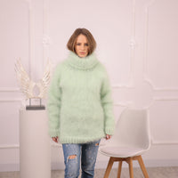 Green French Kid Mohair Turtleneck Sweater, Brushed Hairy Knit, Extra Soft Fluffy Pullover T2102
