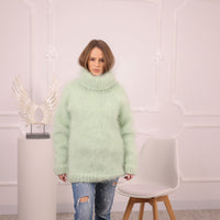 Green French Kid Mohair Turtleneck Sweater, Brushed Hairy Knit, Extra Soft Fluffy Pullover T2102