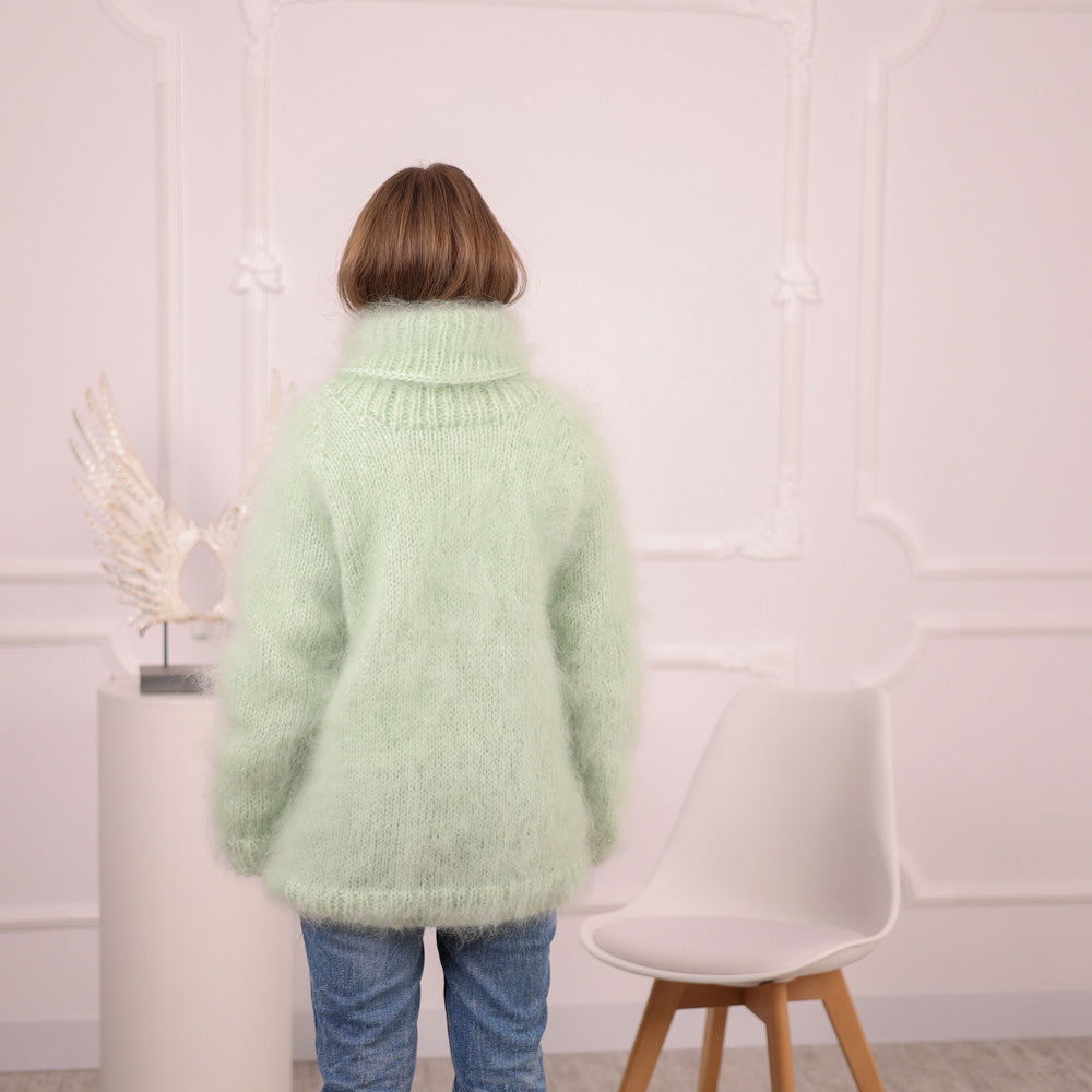 Green French Kid Mohair Turtleneck Sweater, Brushed Hairy Knit, Extra Soft Fluffy Pullover T2102