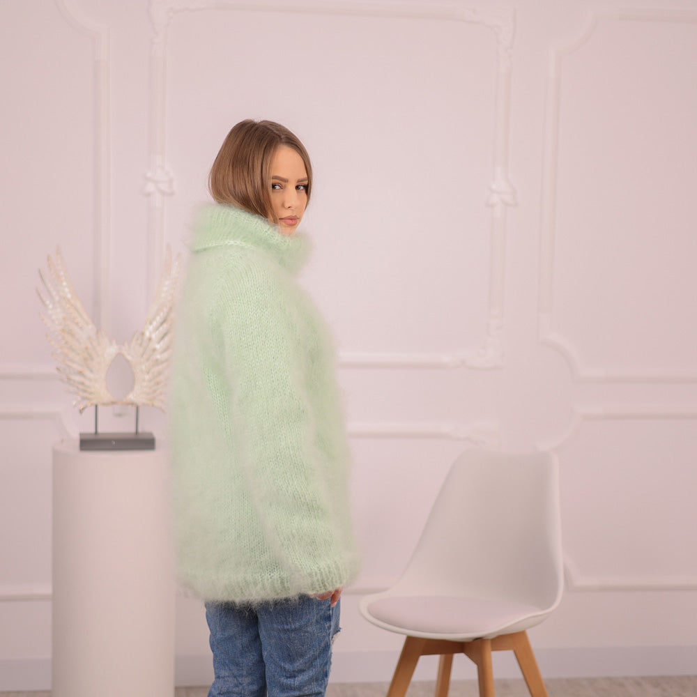 Green French Kid Mohair Turtleneck Sweater, Brushed Hairy Knit, Extra Soft Fluffy Pullover T2102
