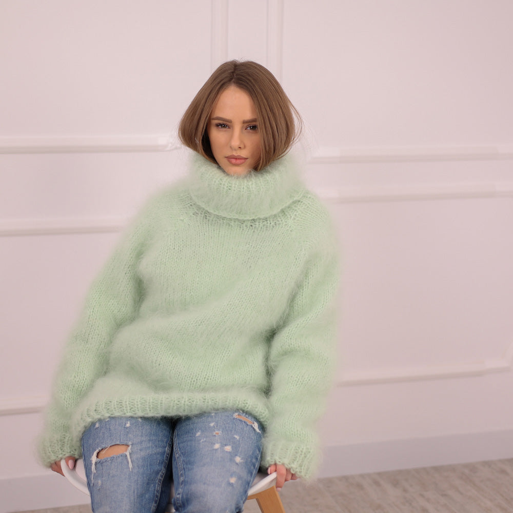 Green French Kid Mohair Turtleneck Sweater, Brushed Hairy Knit, Extra Soft Fluffy Pullover T2102