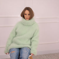 Green French Kid Mohair Turtleneck Sweater, Brushed Hairy Knit, Extra Soft Fluffy Pullover T2102