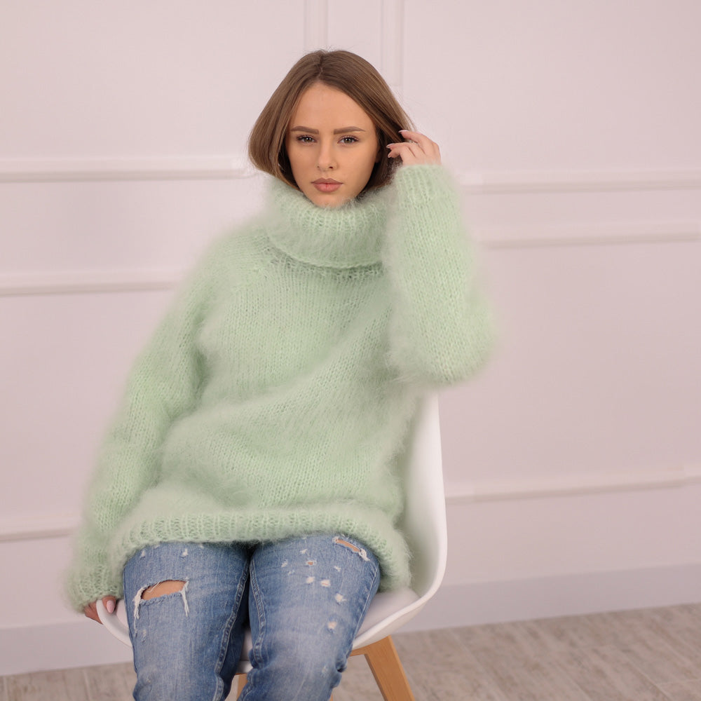 Green French Kid Mohair Turtleneck Sweater, Brushed Hairy Knit, Extra Soft Fluffy Pullover T2102