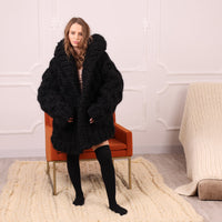 Chunky Black Mohair Cardigan – Hand Knitted Oversized Sweater T2113