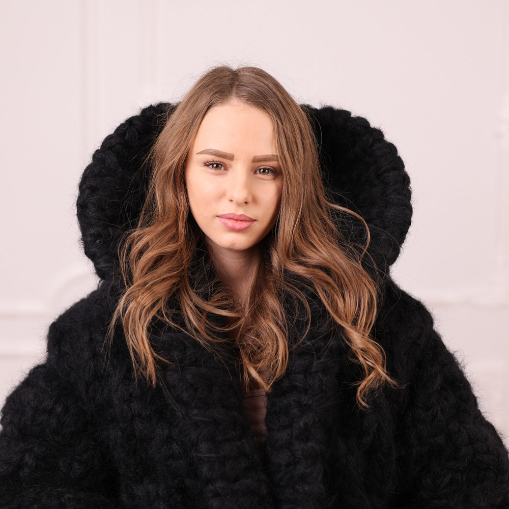 Chunky Black Mohair Cardigan – Hand Knitted Oversized Sweater T2113