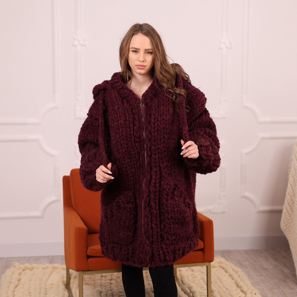 Chunky Hooded Cardigan, 25 strands  Burgundy Alpaca Wool Knit, Oversized  Coat with Pockets T2098
