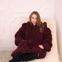 Chunky Hooded Cardigan, 25 strands  Burgundy Alpaca Wool Knit, Oversized  Coat with Pockets T2098