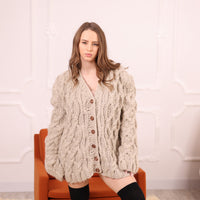 Beige Baby Suri Alpaca Cable Knit Cardigan, Hand Knitted Button Front Sweater T2114