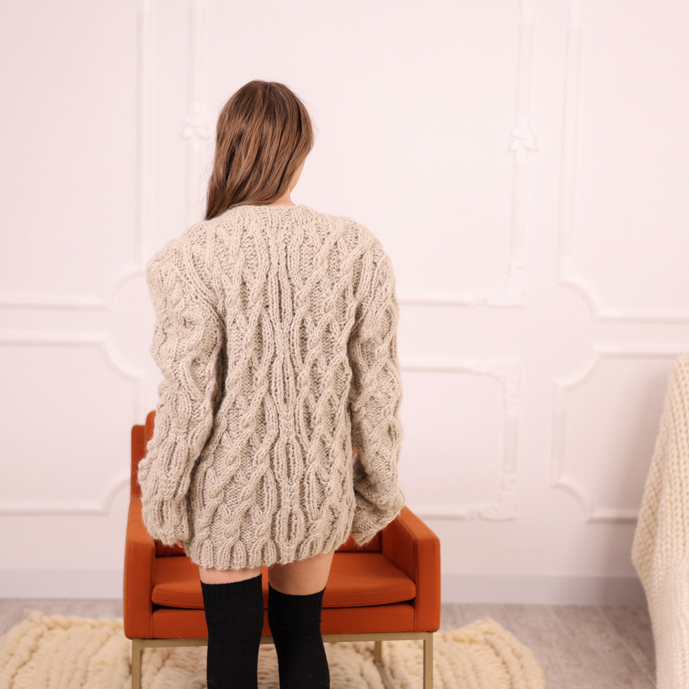 Beige Baby Suri Alpaca Cable Knit Cardigan, Hand Knitted Button Front Sweater T2114