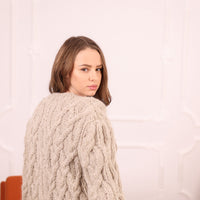 Beige Baby Suri Alpaca Cable Knit Cardigan, Hand Knitted Button Front Sweater T2114