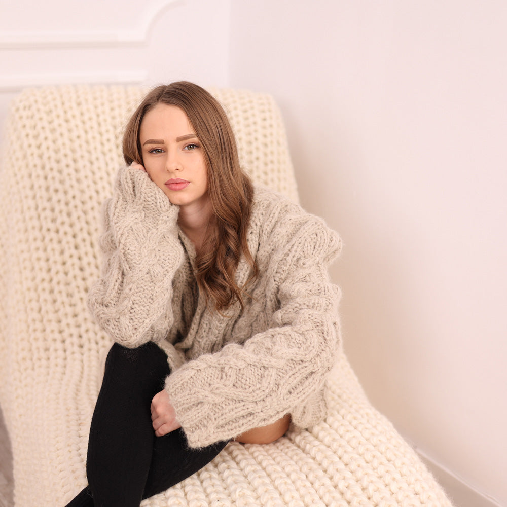 Beige Baby Suri Alpaca Cable Knit Cardigan, Hand Knitted Button Front Sweater T2114