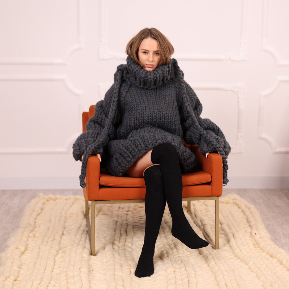 Extra Chunky Wool Alpaca Hooded Turtleneck Sweater with Pocket, Oversized Gray Pullover T2111