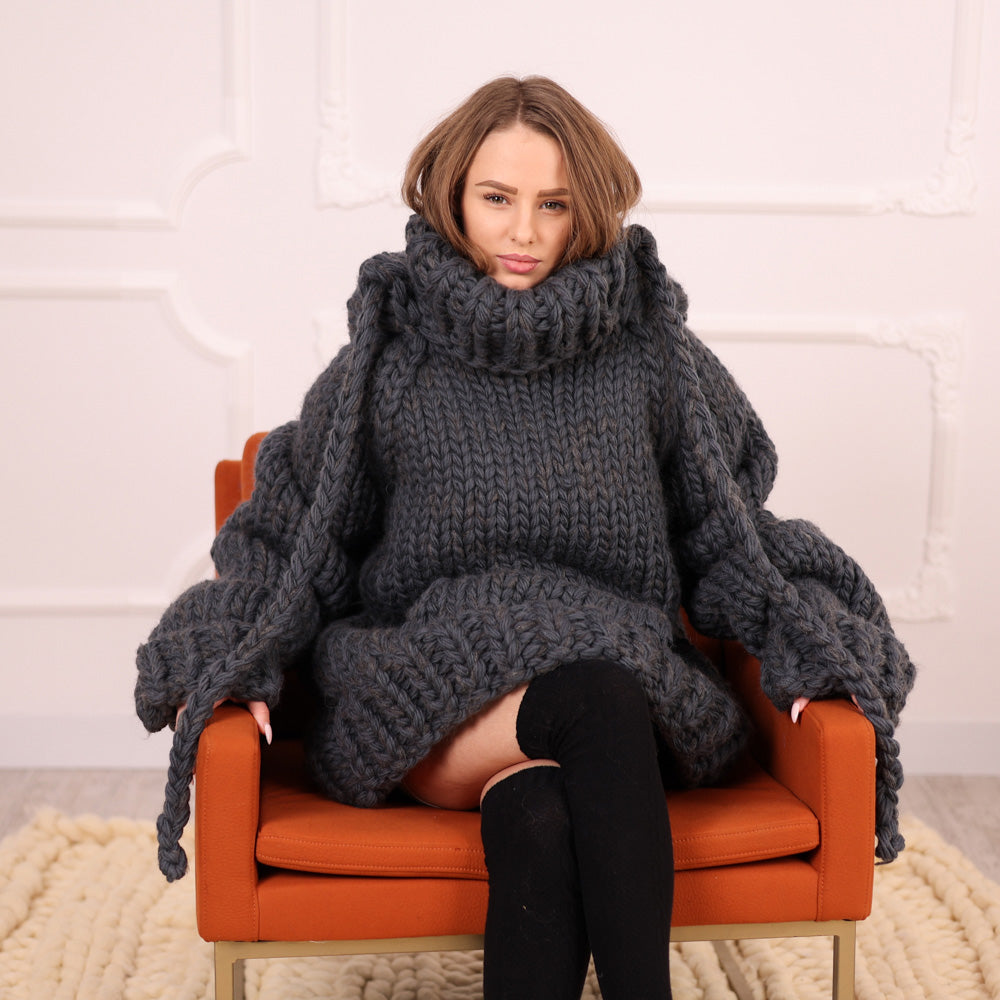 Extra Chunky Wool Alpaca Hooded Turtleneck Sweater with Pocket, Oversized Gray Pullover T2111