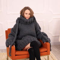 Extra Chunky Wool Alpaca Hooded Turtleneck Sweater with Pocket, Oversized Gray Pullover T2111