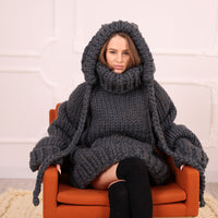 Extra Chunky Wool Alpaca Hooded Turtleneck Sweater with Pocket, Oversized Gray Pullover T2111