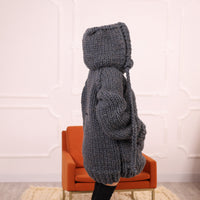 Extra Chunky Wool Alpaca Hooded Turtleneck Sweater with Pocket, Oversized Gray Pullover T2111