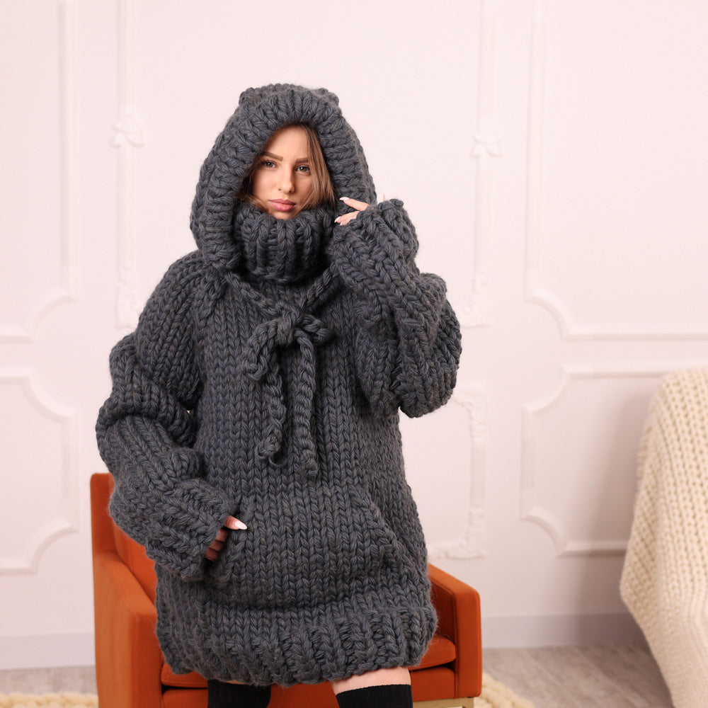 Extra Chunky Wool Alpaca Hooded Turtleneck Sweater with Pocket, Oversized Gray Pullover T2111