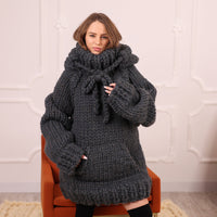 Extra Chunky Wool Alpaca Hooded Turtleneck Sweater with Pocket, Oversized Gray Pullover T2111